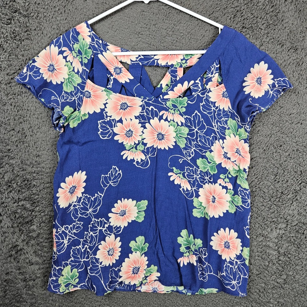 Maeve Anthropologie Blue Floral Lattice Back Short Sleeve Blouse Top Size 4
